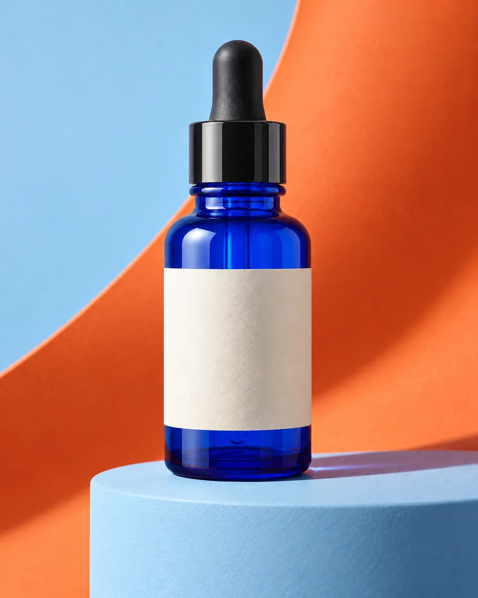Fotografía de producto: un sérum azul en una composición naranja y celeste